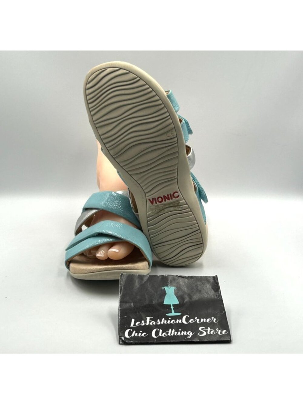 Vionic Women's Silver Blue Leather Hadlie Orthotic Slide Sandals Size 10 3525 - Picture 3 of 16